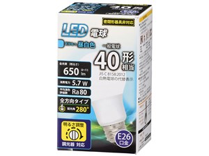 オーム電機 LED電球(40形相当/650 lm/昼白色/E26/全方向280°/調光器対応) LD･･･