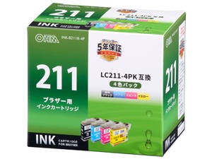 オーム電機 ブラザー LC211-4PK互換(4色パック) INK-B211B-4P