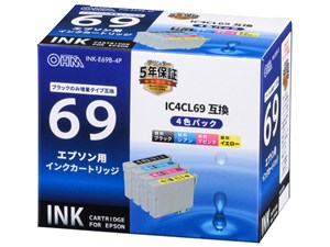 オーム電機 エプソン互換 IC4CL69 顔料4色 ブラック増量 01-4130 INK-E69B-4P･･･