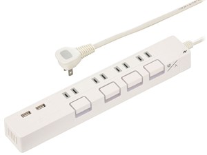 オーム電機 節電タップ光る押しボタンスイッチ雷ガード4個口 USBポート付き 2･･･