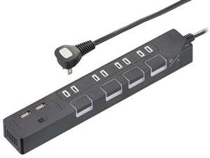 オーム電機 節電タップ光る押しボタンスイッチ雷ガード4個口 USBポート付き 2･･･