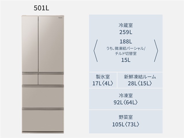 Panasonic 501L 6ドア冷蔵庫 NR-F50EX1-C ベージュ AIエコナビ パナソニック ナノイーX 冷凍冷蔵庫の通販なら:  リコメン堂 [Kaago(カーゴ)]